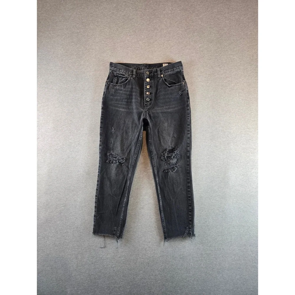 Free People Blossom Rigid Skinny Jeans Women 30 Black Distressed Cropped Raw Hem